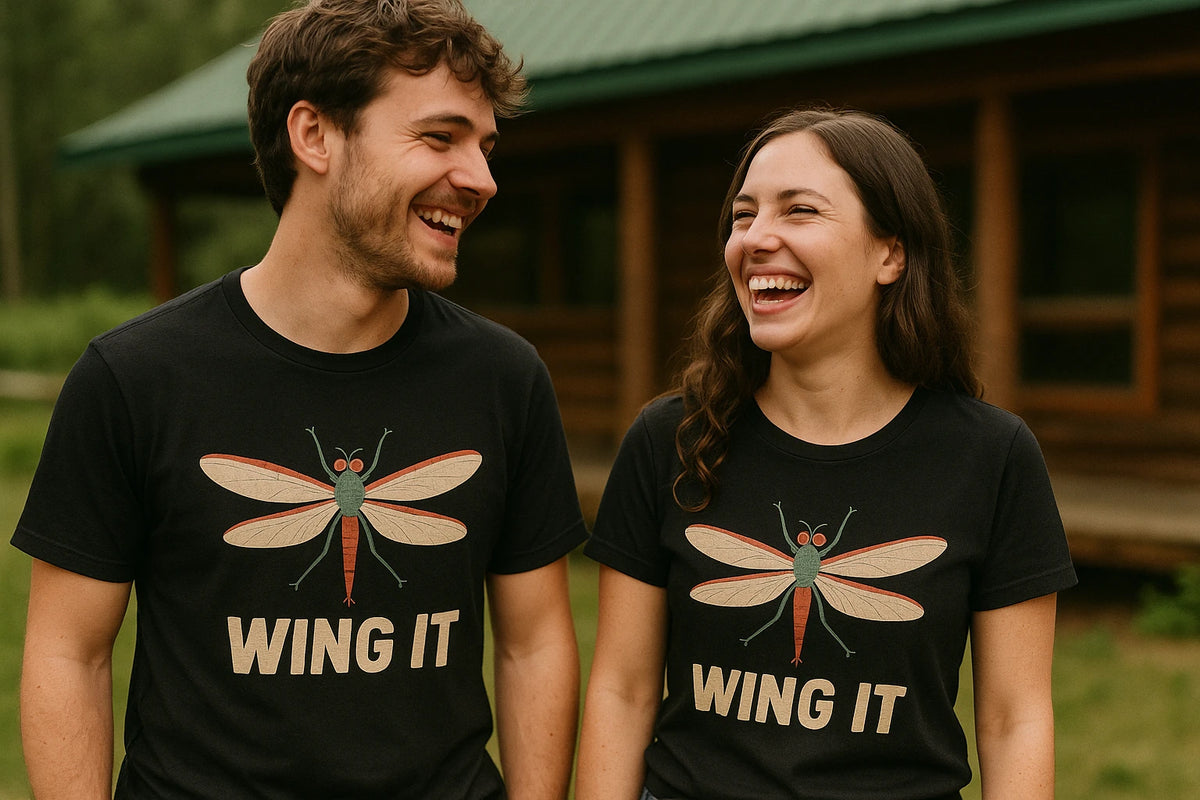 Person wearing the black mayfly t shirt graphic tee - "Wing It" design