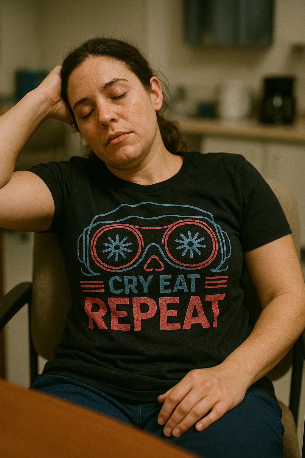 "Cry Eat Repeat" black sleep deprived t shirt - a birthday gift for sleep deprived lover