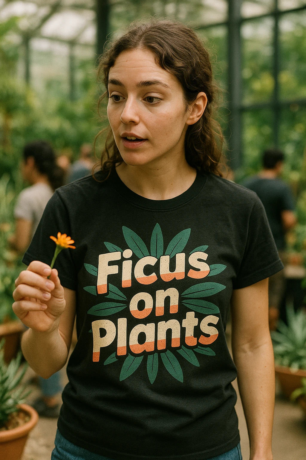 "Ficus on Plants" black botany t shirt, photographed as gifts for botany lovers