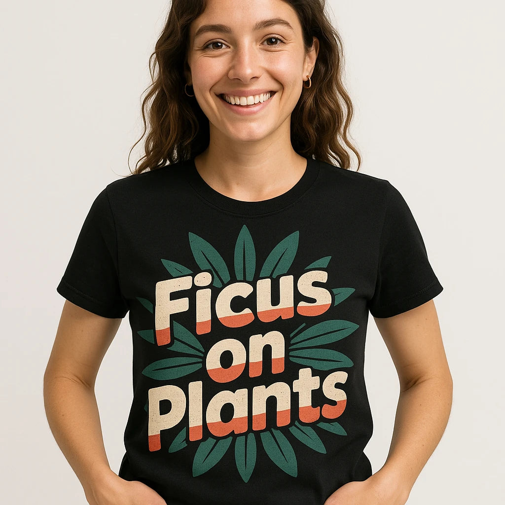 Close-up of the "Ficus on Plants" tan print on a premium Bella+Canvas black botany t shirt