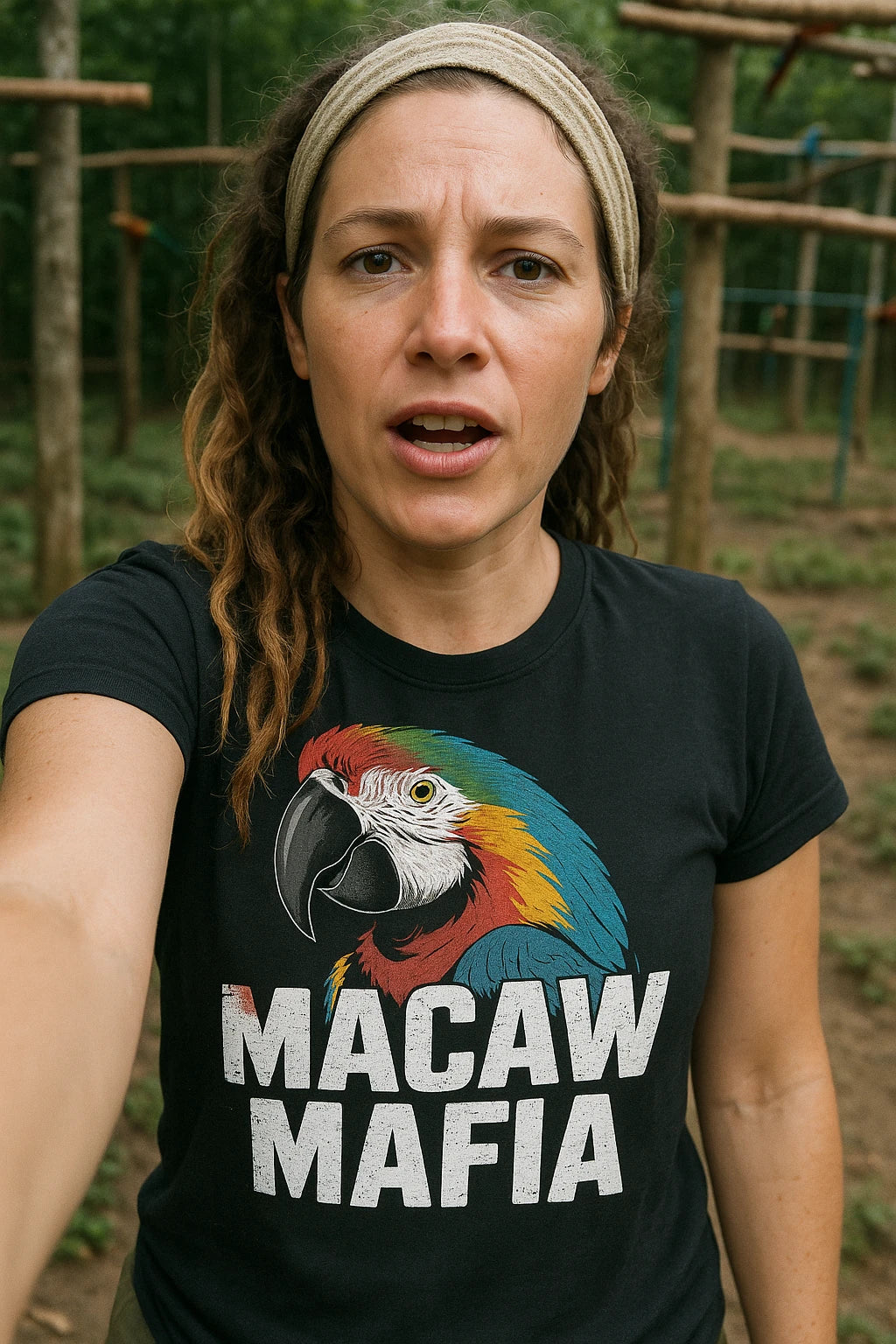 "Macaw Mafia" black macaw t shirt, photographed as macaw lover gift
