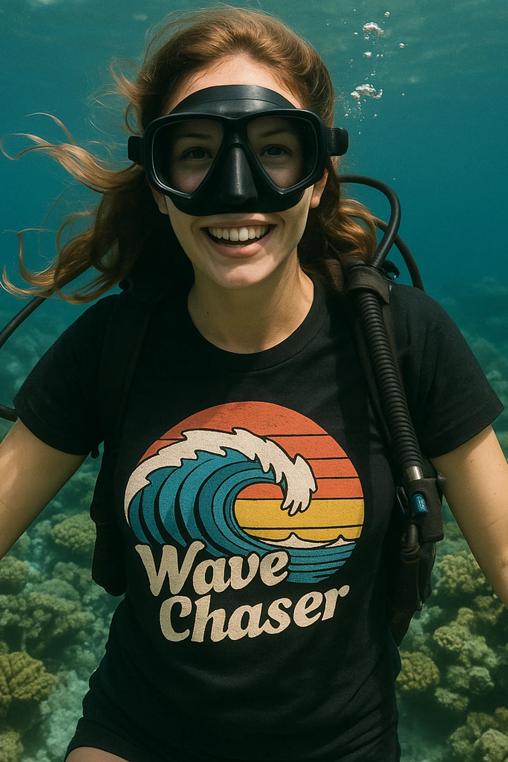 "Wave Chaser" black oceans t shirt, photographed as oceans lover gift