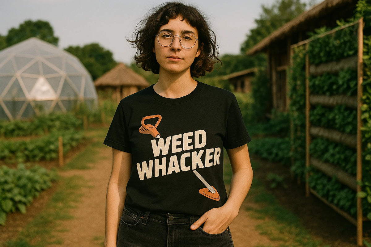 Lifestyle shot of the "Weed Whacker" black gardening tshirts in a real-world setting