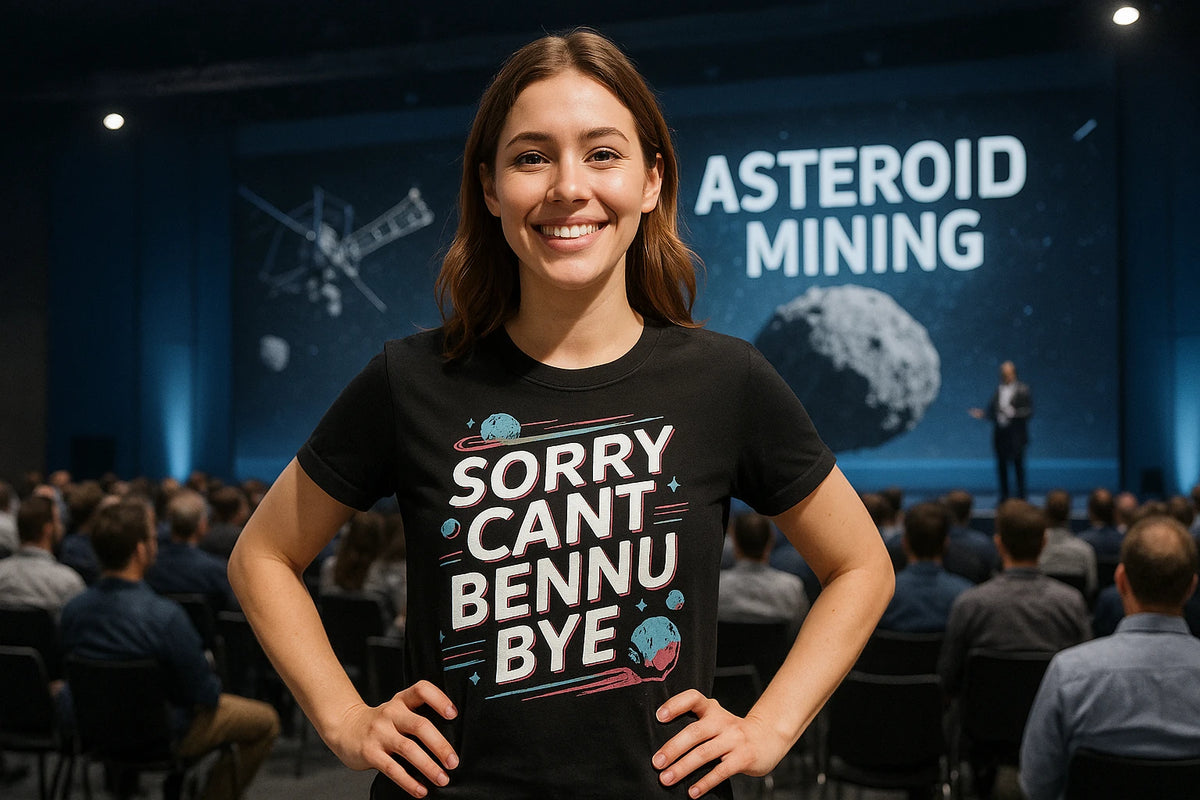 Lifestyle shot of the "Sorry Cant Bennu Bye" black asteroid t shirt in a real-world setting