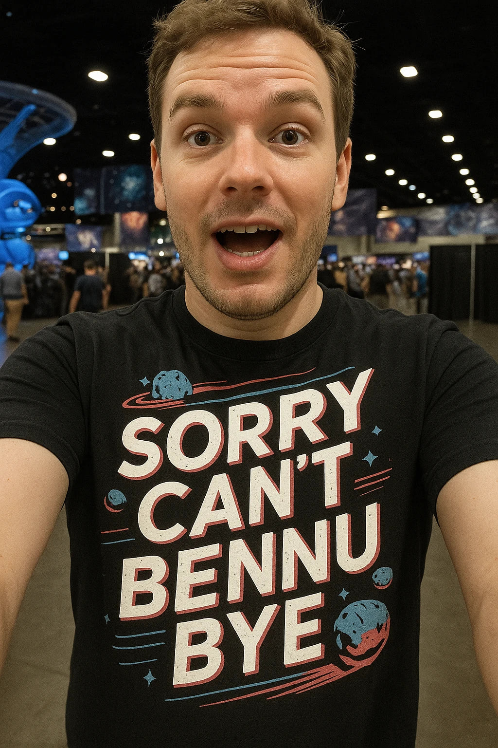 "Sorry Cant Bennu Bye" black asteroid t shirt, photographed as asteroid lover gift