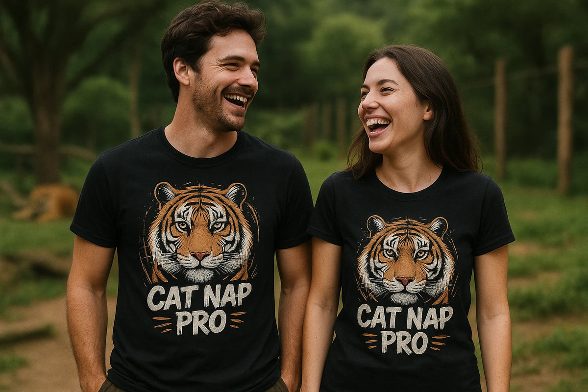 Person wearing the black tiger t shirt graphic tee - "Cat Nap Pro" design
