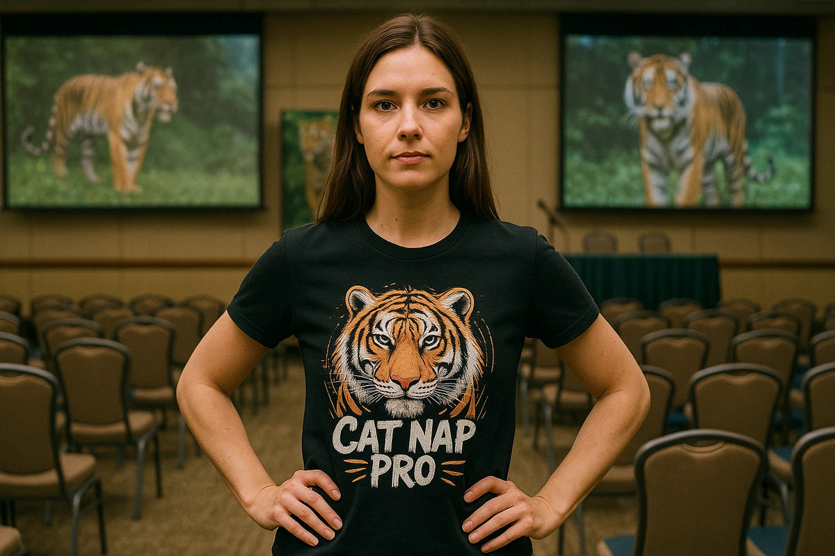 Lifestyle shot of the "Cat Nap Pro" black tiger t shirt in a real-world setting