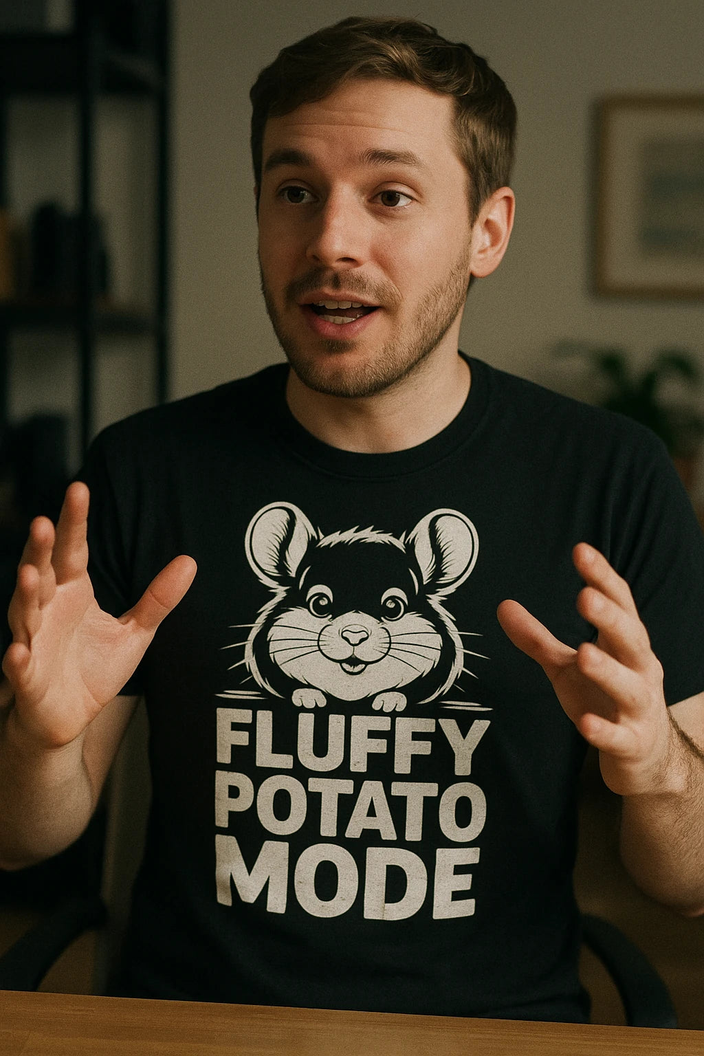 "Fluffy Potato Mode" black chinchilla shirts, photographed as gifts for chinchilla lovers