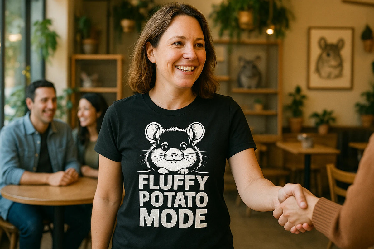 Lifestyle shot of the "Fluffy Potato Mode" black chinchilla shirts in a real-world setting
