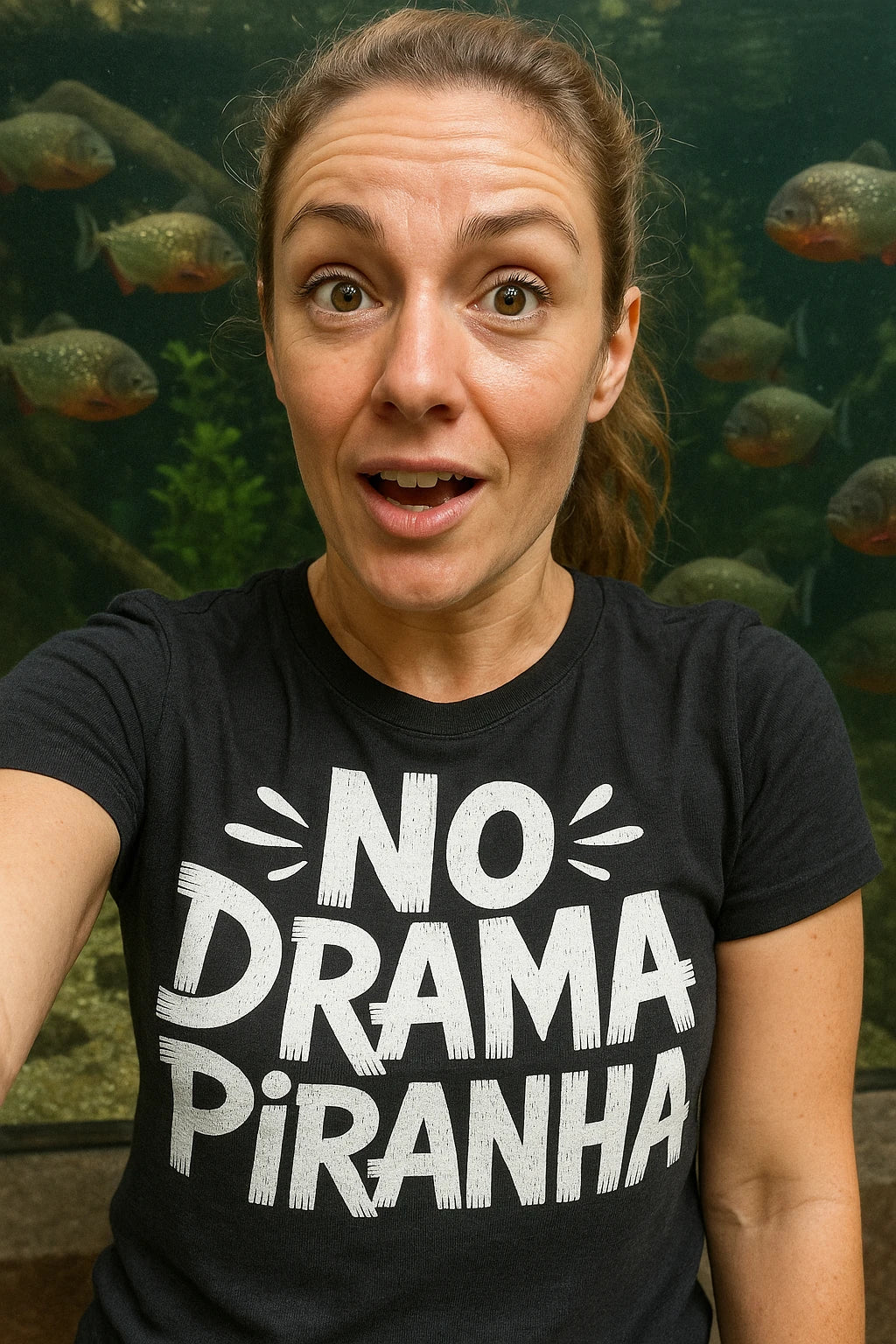 "No Drama Piranha" black piranha t shirt, photographed as piranha lover gift