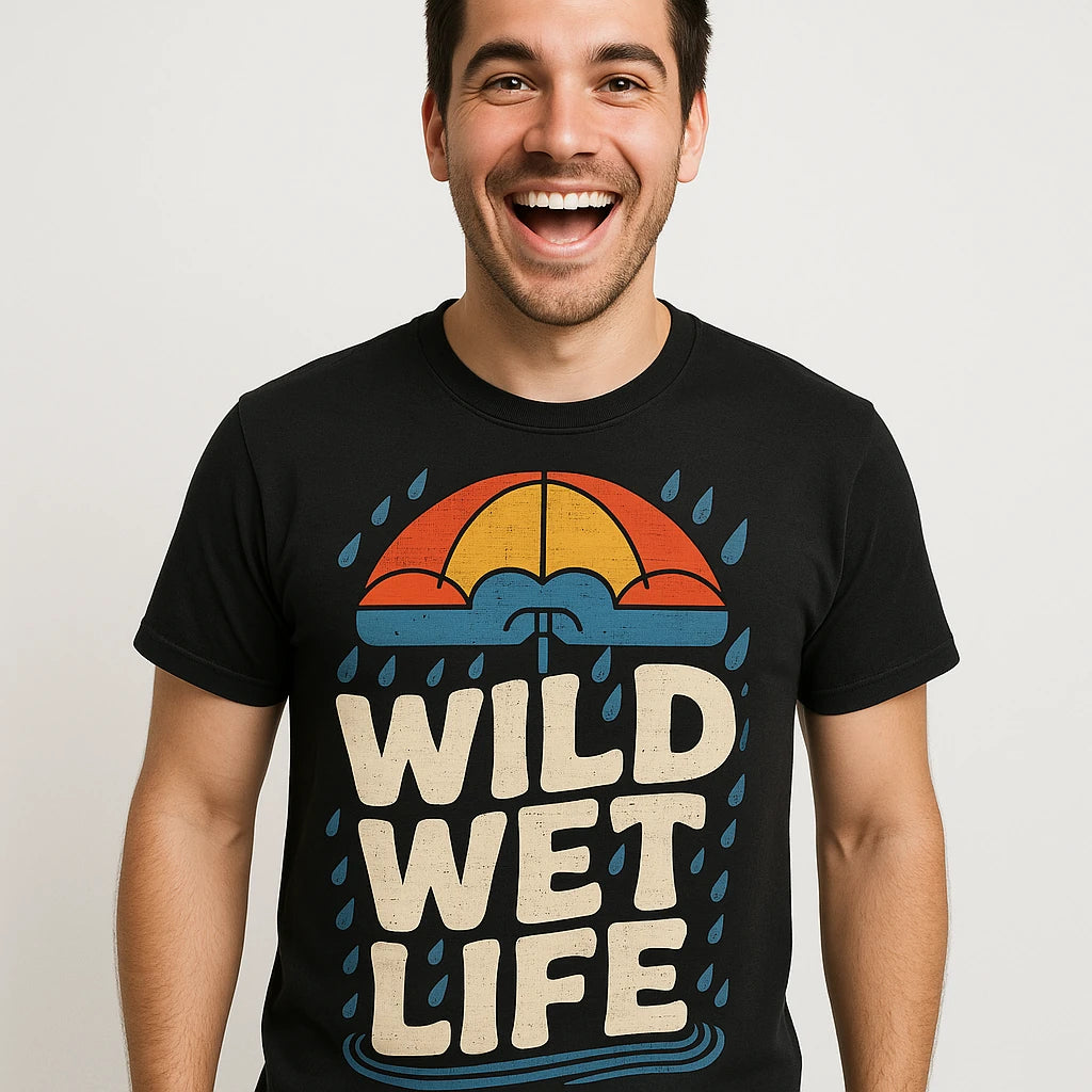 Close-up of the "Wild Wet Life" tan print on a premium Bella+Canvas black purple rain t shirt vintage