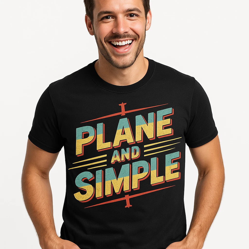 Close-up of the "Plane and Simple" gold print on a premium Bella+Canvas black flying tees