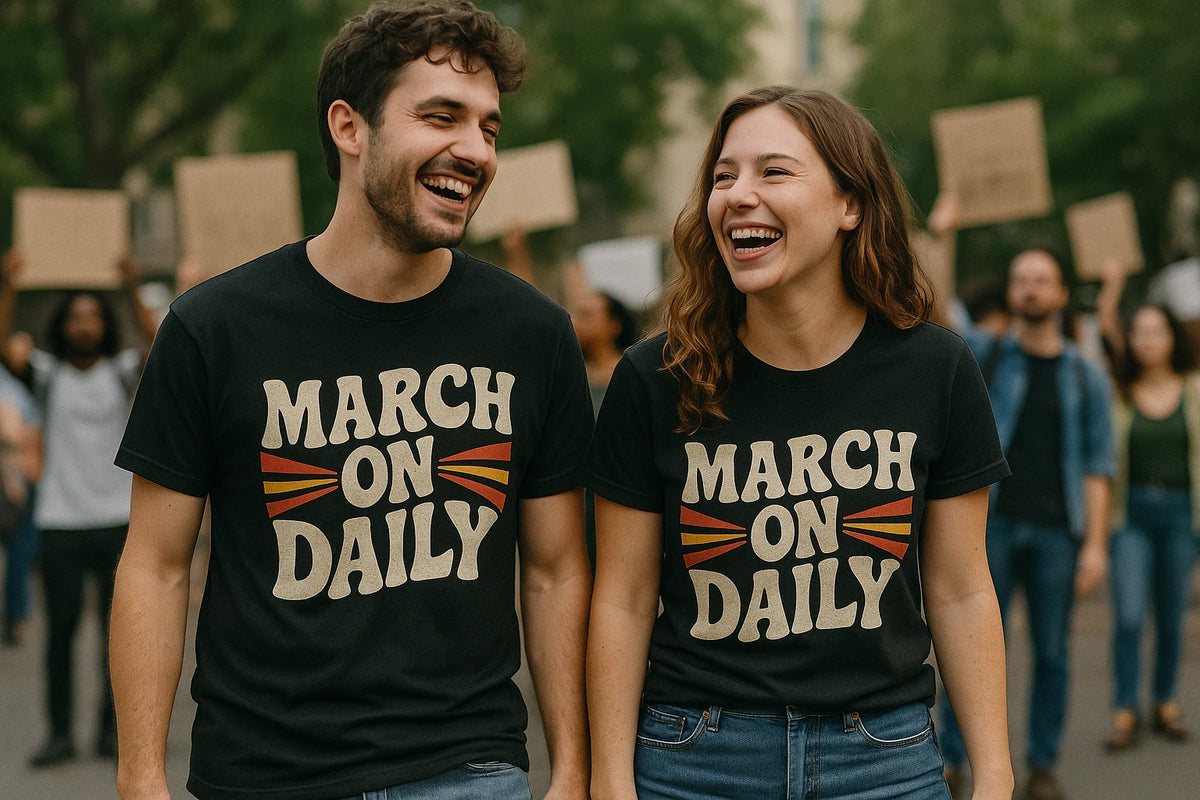 Person wearing the black activism t shirt graphic tee - "March on Daily" design