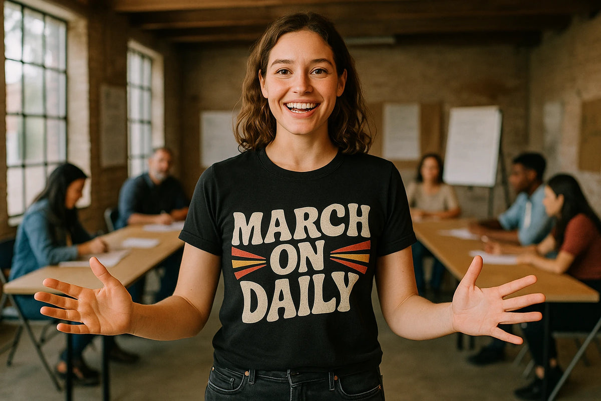 Lifestyle shot of the "March on Daily" black activism t shirt in a real-world setting