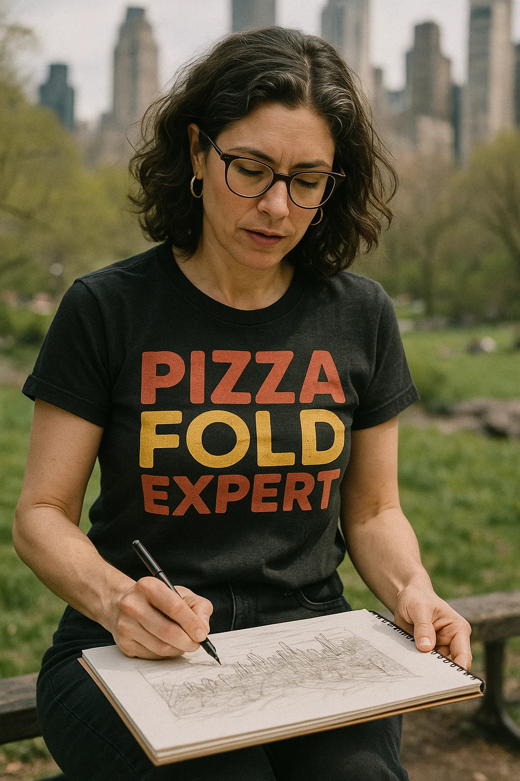 "Pizza Fold Expert" black new york city sweatshirt, photographed as gifts for new york city lovers