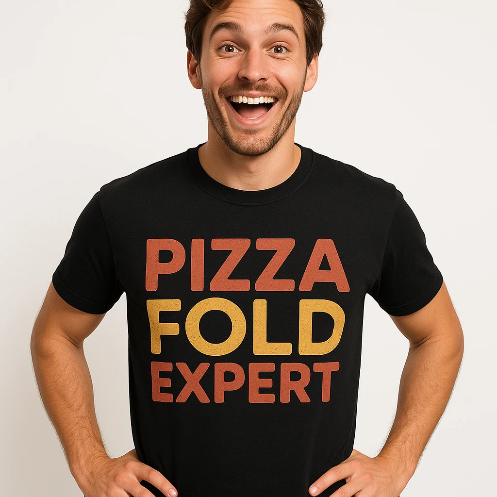 Close-up of the "Pizza Fold Expert" red print on a premium Bella+Canvas black new york city sweatshirt