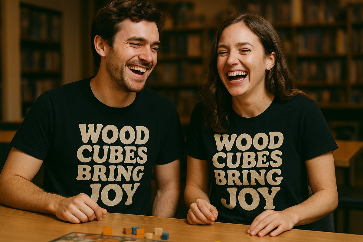 Person wearing the black board game tee shirts graphic tee - "Wood Cubes Bring Joy" design