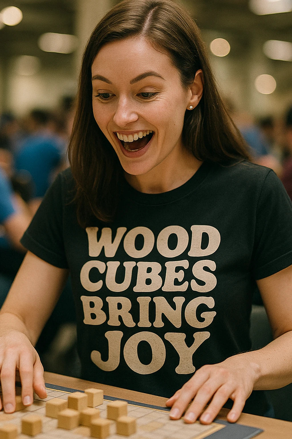 "Wood Cubes Bring Joy" black board game tee shirts - also one of the gifts for people who like board games