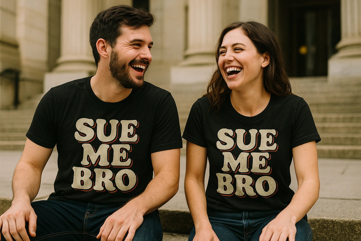 Person wearing the black funny lawyer t shirts graphic tee - "Sue Me Bro" design