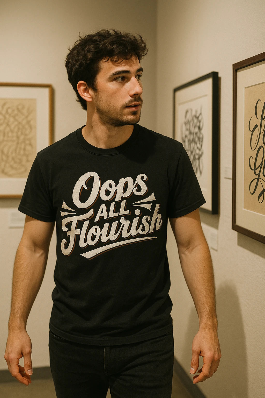 "Oops All Flourish" black chinese calligraphy t shirt, photographed as gifts for calligraphy lovers