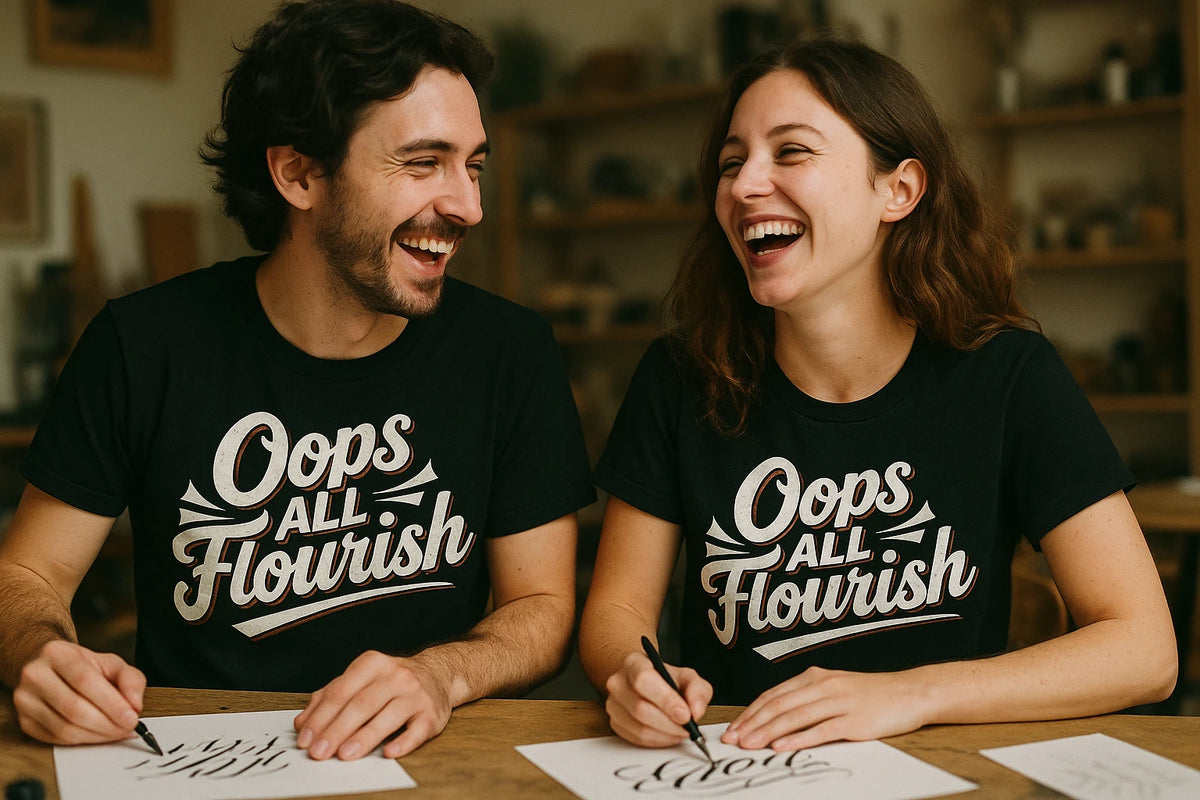 Person wearing the black chinese calligraphy t shirt graphic tee - "Oops All Flourish" design