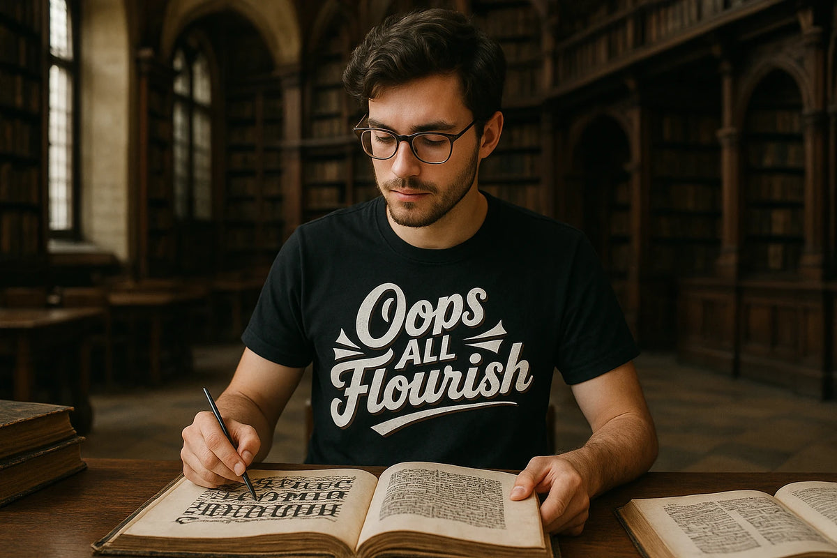 Lifestyle shot of the "Oops All Flourish" black chinese calligraphy t shirt in a real-world setting