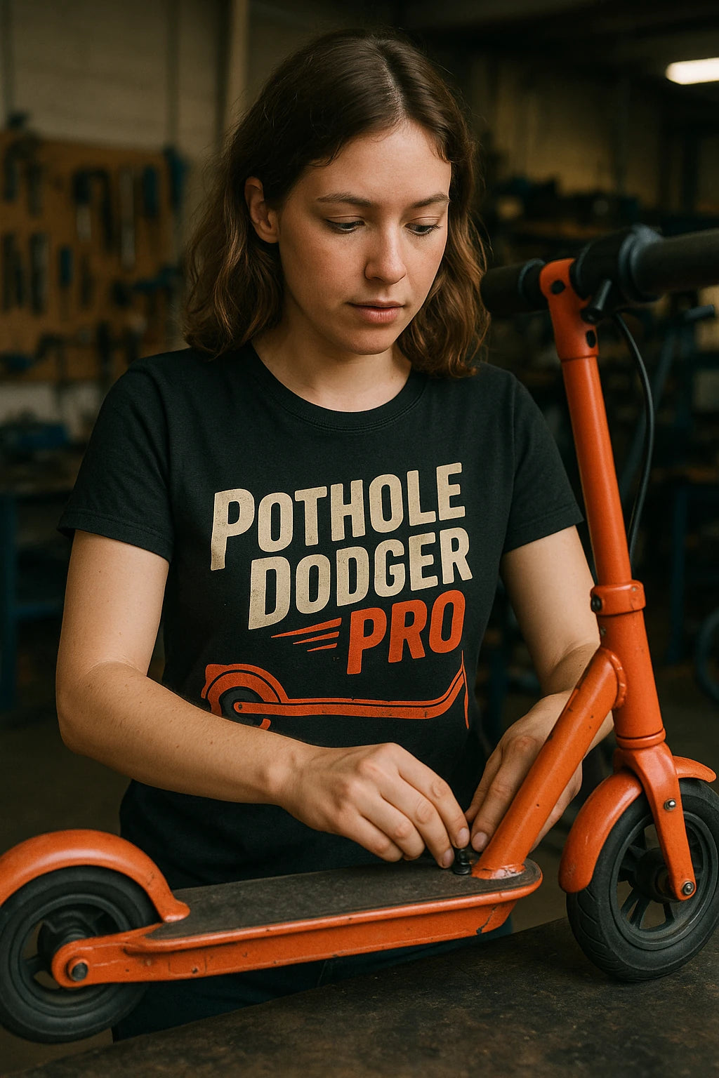 "Pothole Dodger Pro" black electric scooter t shirt - a birthday gift for electric scooter lover