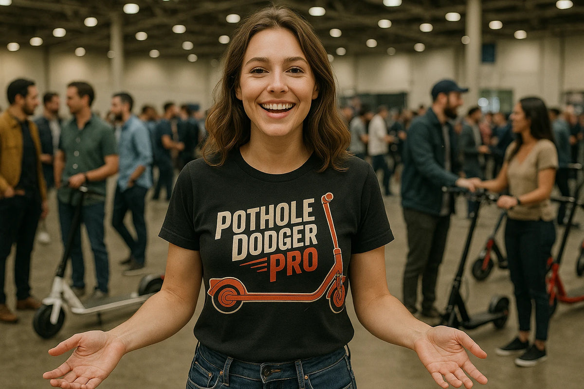 Lifestyle shot of the "Pothole Dodger Pro" black electric scooter t shirt in a real-world setting