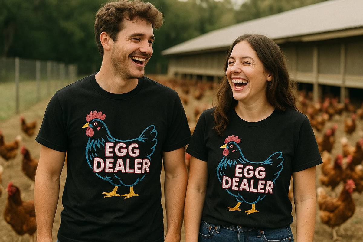 Person wearing the black chicken shirts graphic tee - "Egg Dealer" design