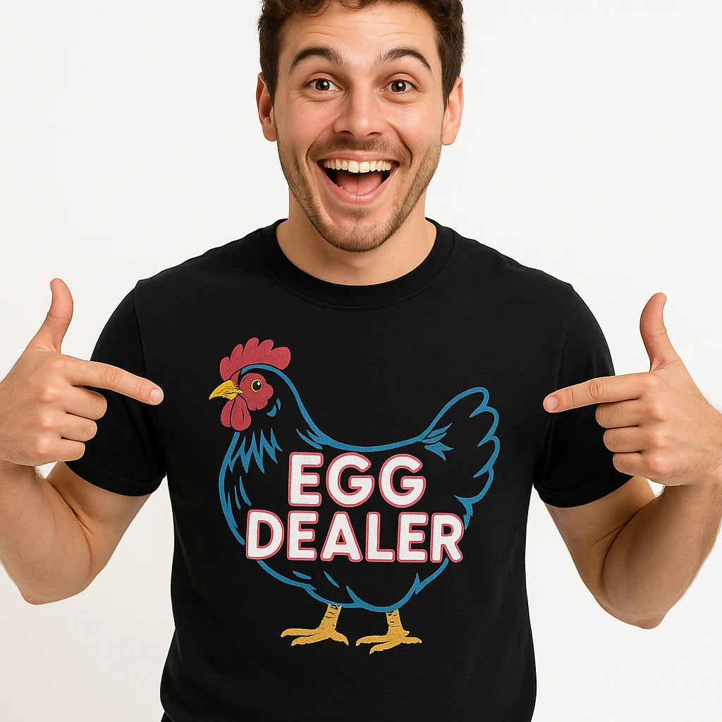 Close-up of the "Egg Dealer" gray print on a premium Bella+Canvas black chicken shirts