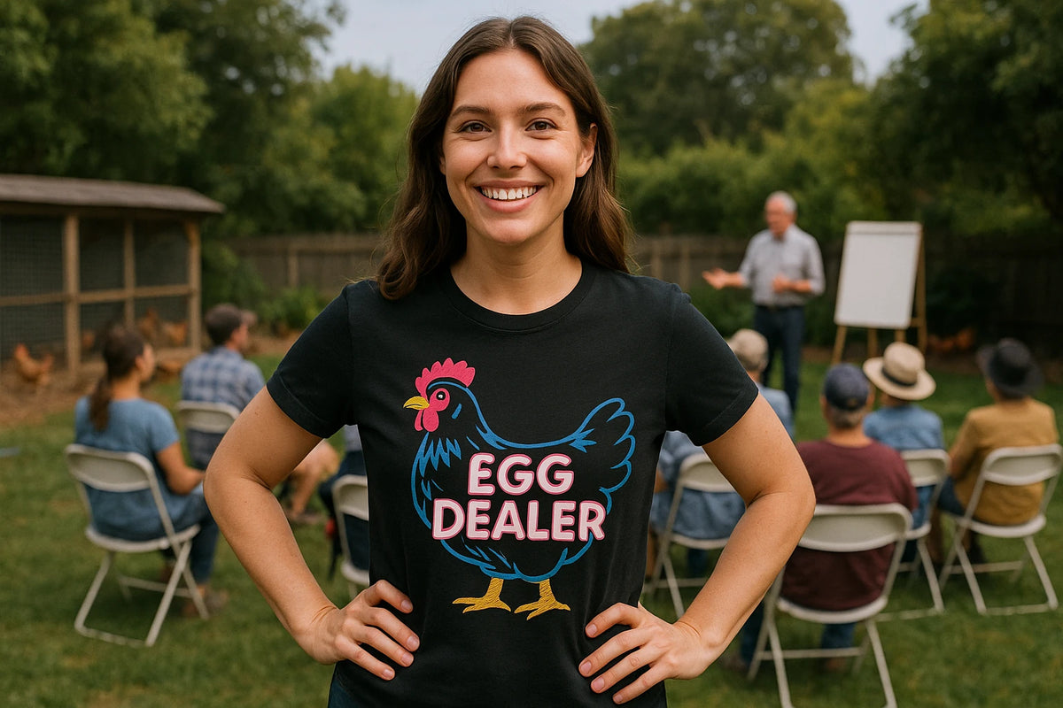 Lifestyle shot of the "Egg Dealer" black chicken shirts in a real-world setting