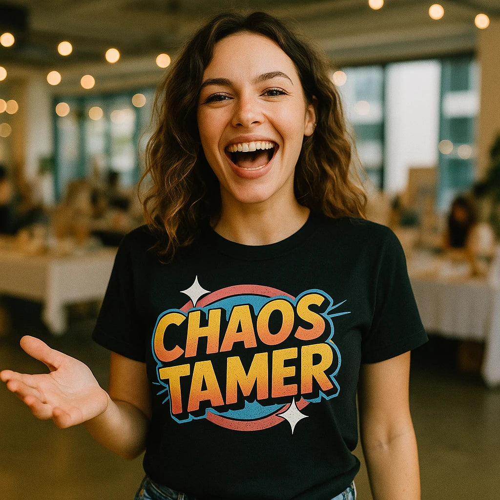 "Chaos Tamer" black wedding planner t shirt - also a wedding planner gift to bride and groom