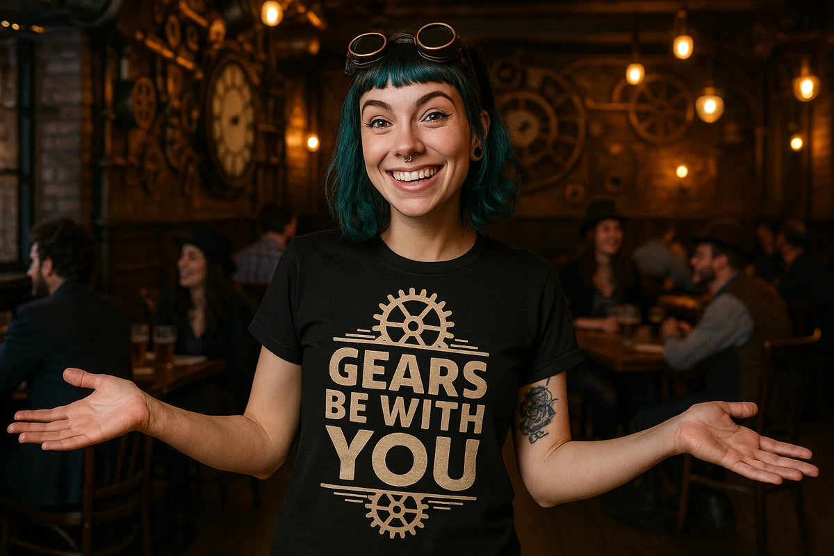 Lifestyle shot of the "Gears Be With You" black steampunk shirts in a real-world setting