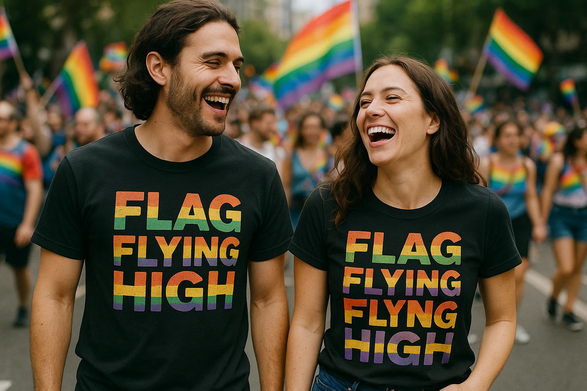 Person wearing the black lgbtq t shirt graphic tee - "Flag Flying High" design