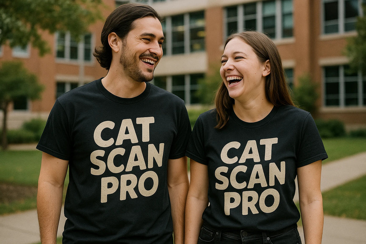 Person wearing the black veterinarian t shirt graphic tee - "Cat Scan Pro" design