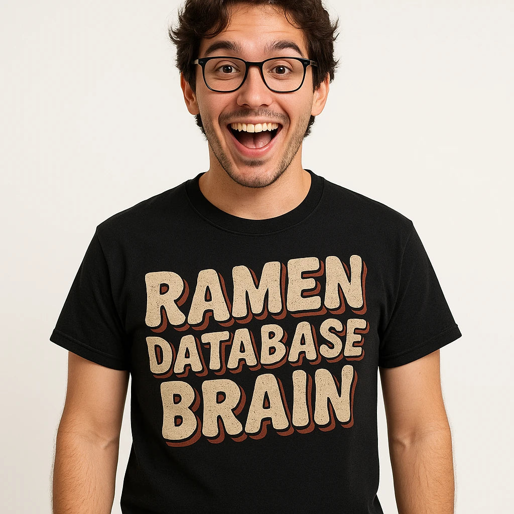 Close-up of the "Ramen Database Brain" tan print on a premium Bella+Canvas black tokyo japan t shirt