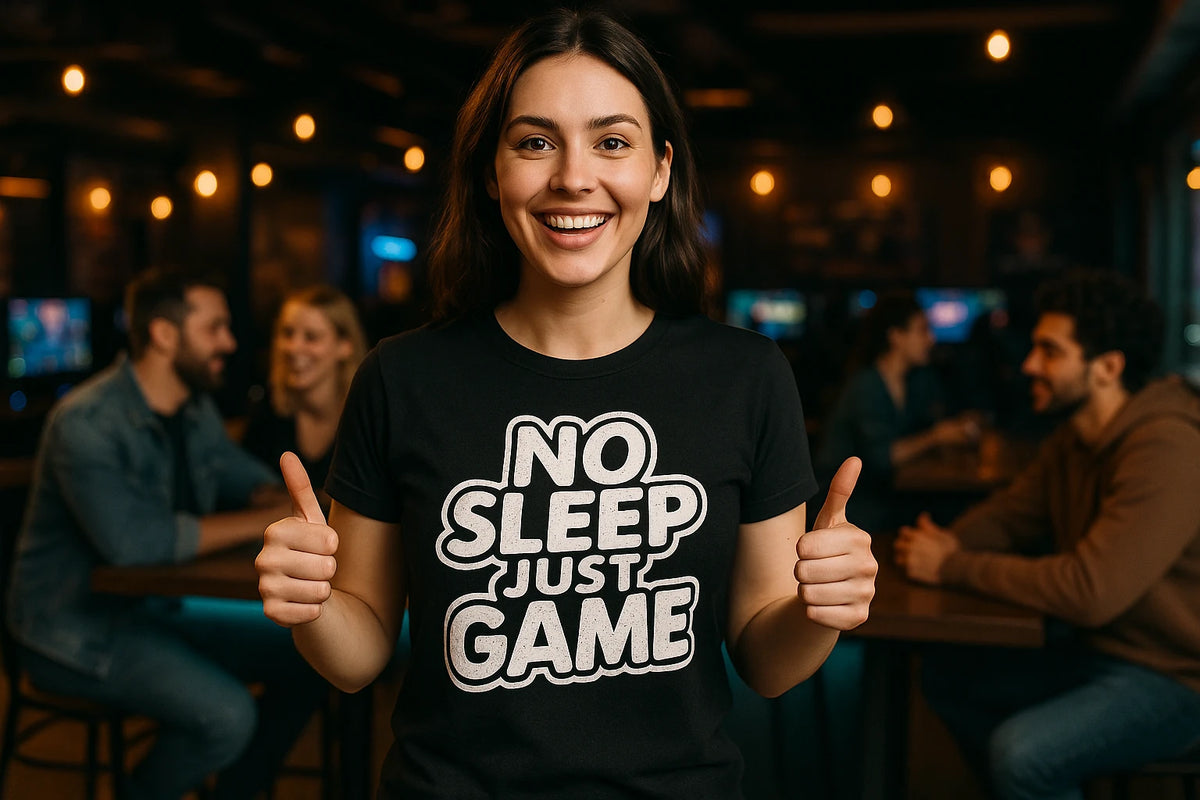 Lifestyle shot of the "No Sleep Just Game" black ai esport t shirt in a real-world setting