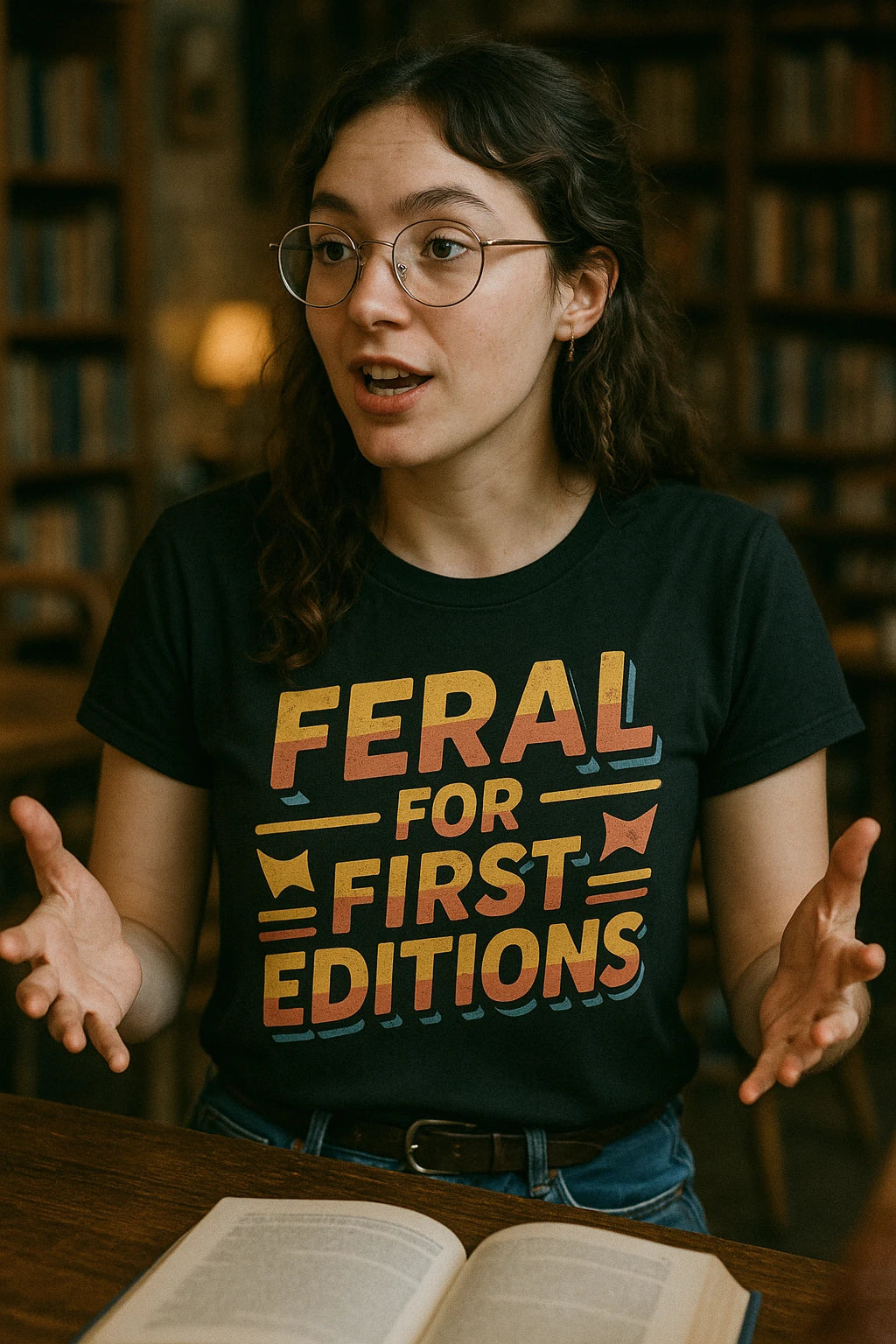 "Feral for First Editions" black bookish shirts - also one of the best presents for book lovers