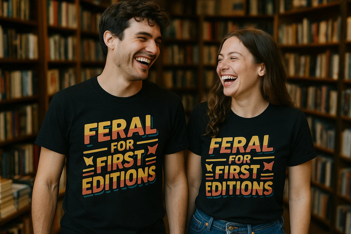Person wearing the black bookish shirts graphic tee - "Feral for First Editions" design
