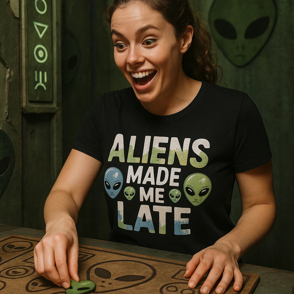 "Aliens Made Me Late" alien t shirt - product photo 8