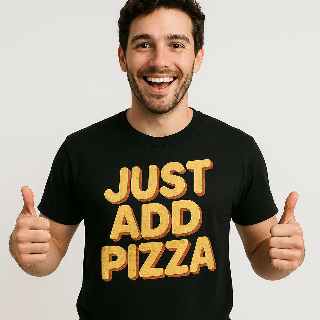 Close-up of the "Just Add Pizza" gold print on a premium Bella+Canvas black pizzaiolo t shirt