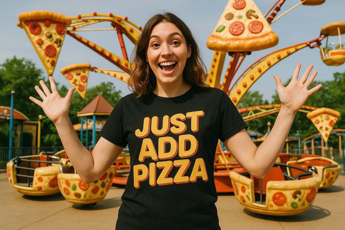 Lifestyle shot of the "Just Add Pizza" black pizzaiolo t shirt in a real-world setting