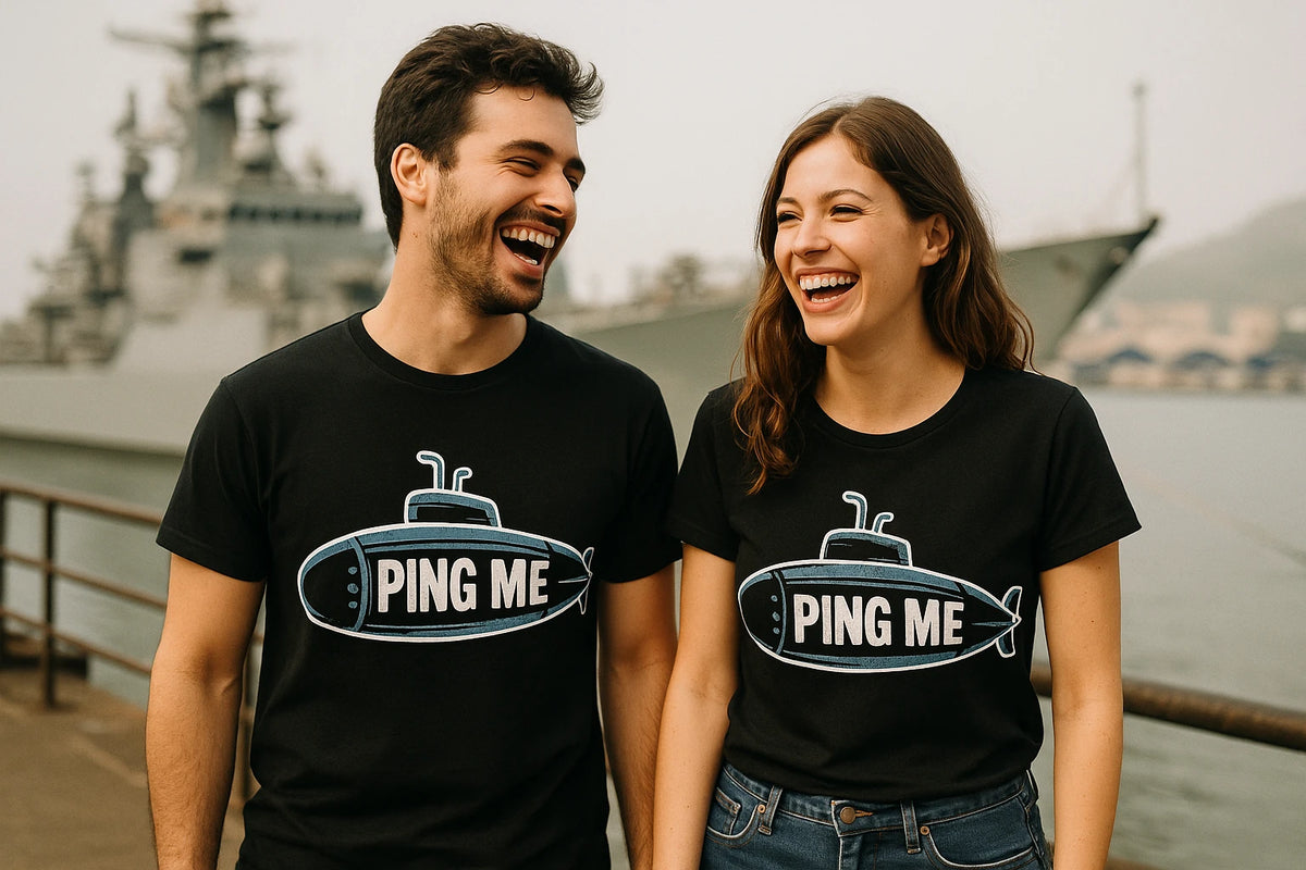 Person wearing the black submarine shirts graphic tee - "Ping Me" design