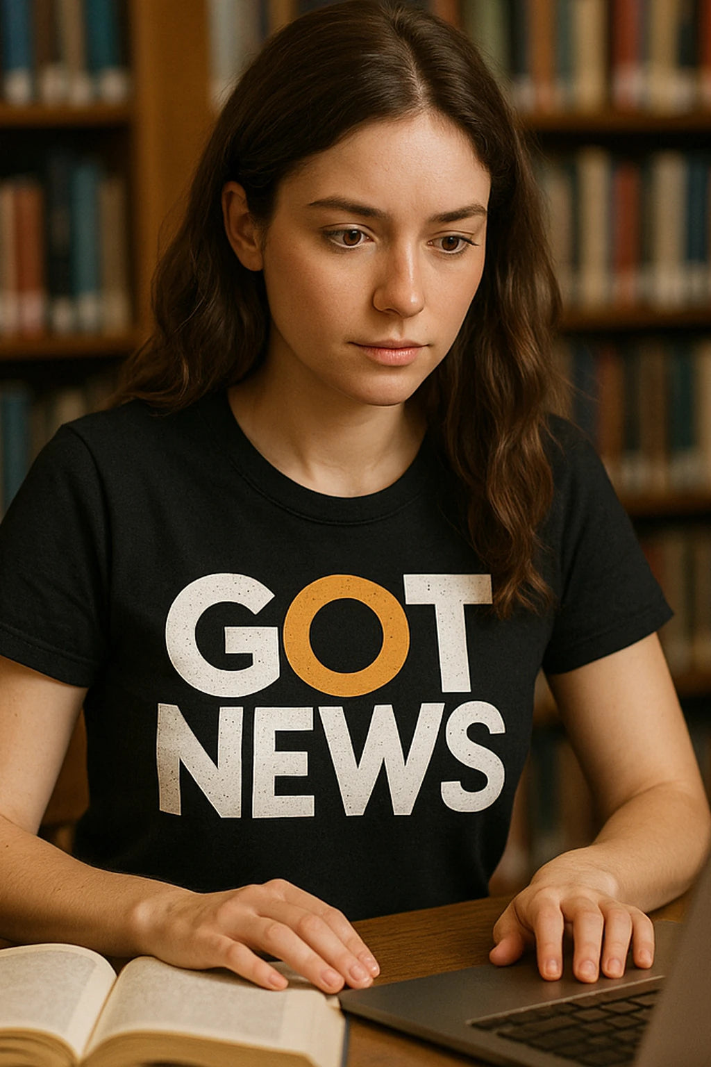 "Got News" black journalist t shirt, photographed as journalist lover gift
