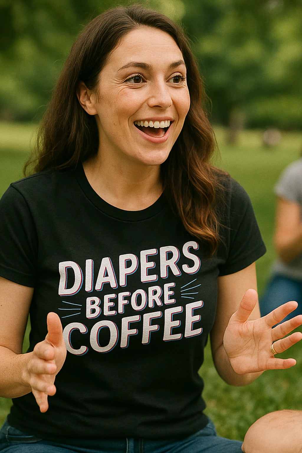 "Diapers Before Coffee" black new parents t shirt, photographed as new parents lover gift