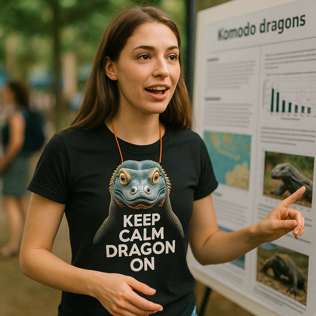 "Keep Calm, Dragon On" black komodo dragon t shirt, photographed as komodo dragon lover gift