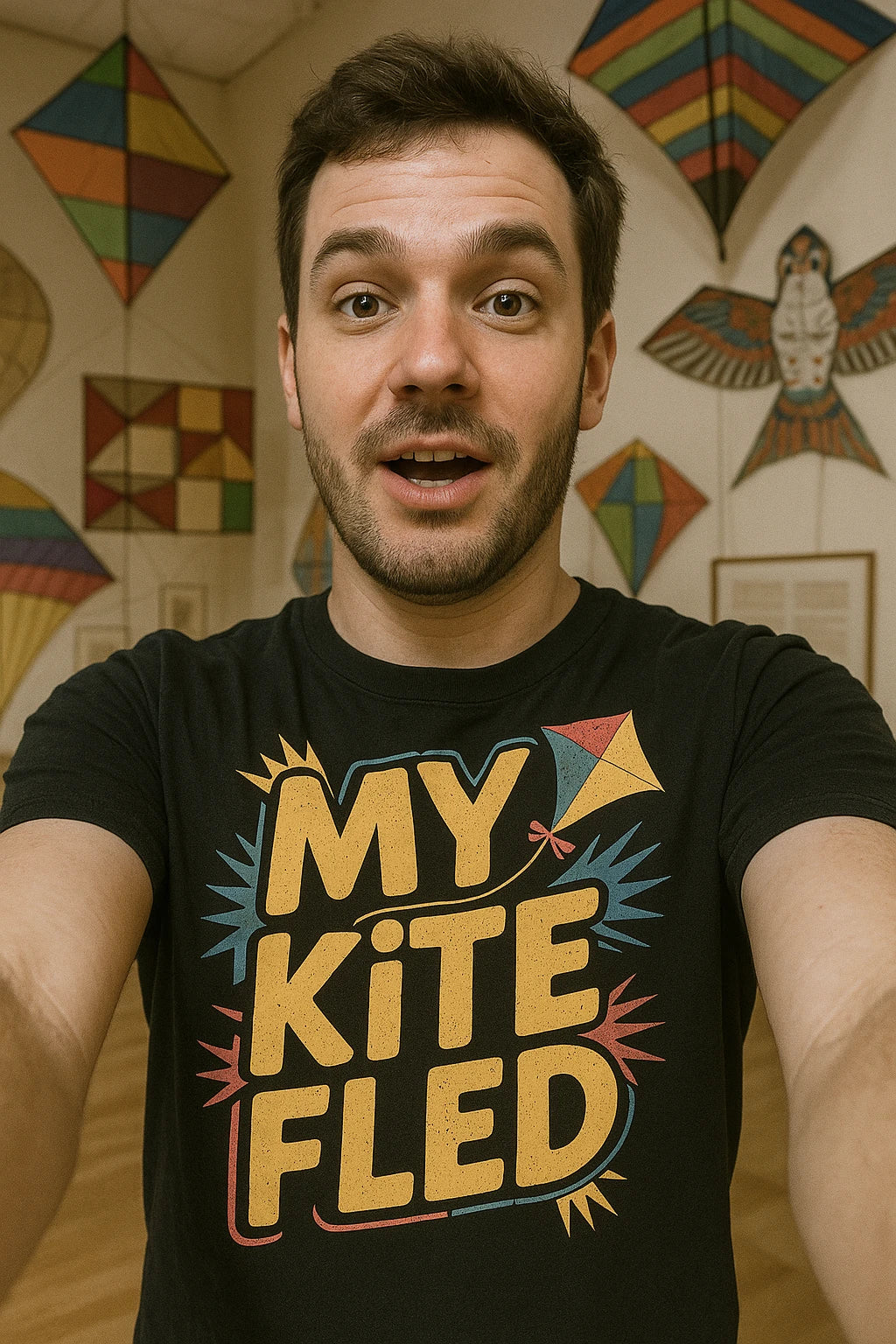 "My Kite Fled" black kite flying shirts, photographed as kite flying gift