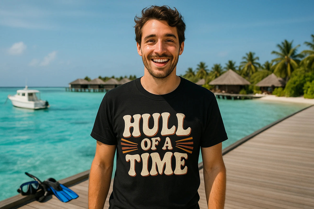 Lifestyle shot of the "Hull of a Time" black boat neck t shirt in a real-world setting