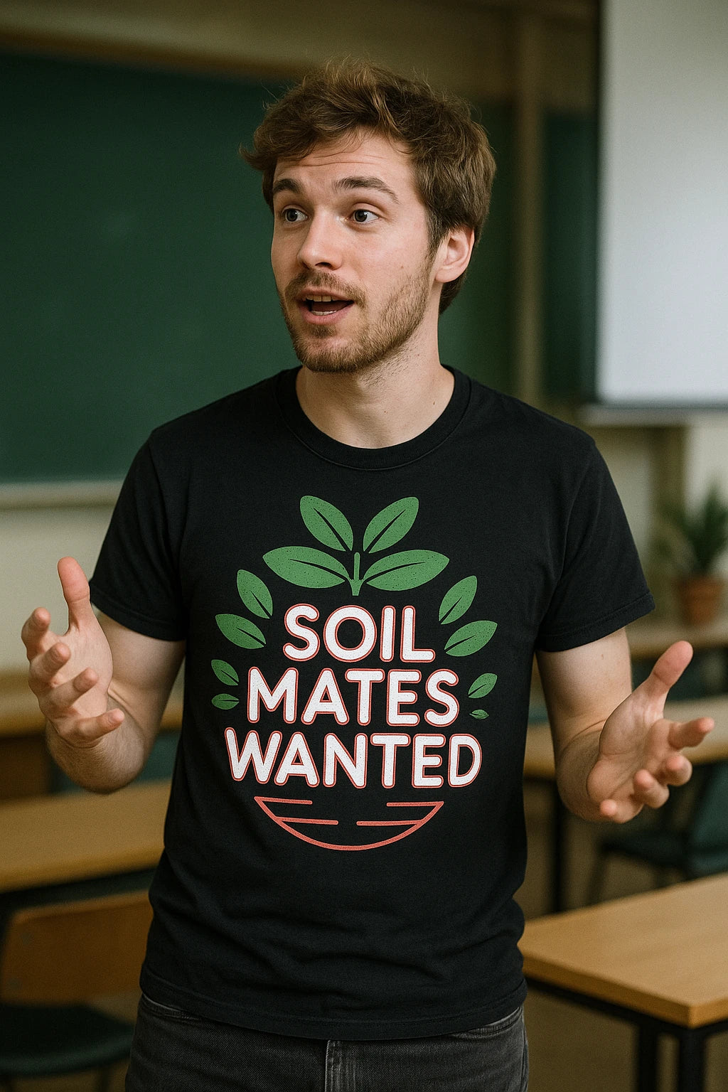 "Soil Mates Wanted" black botany t shirt, photographed as gifts for botany lovers