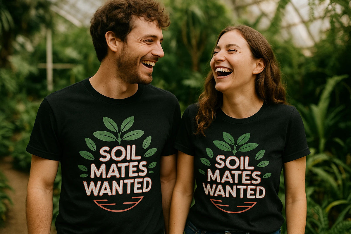 Person wearing the black botany t shirt graphic tee - "Soil Mates Wanted" design